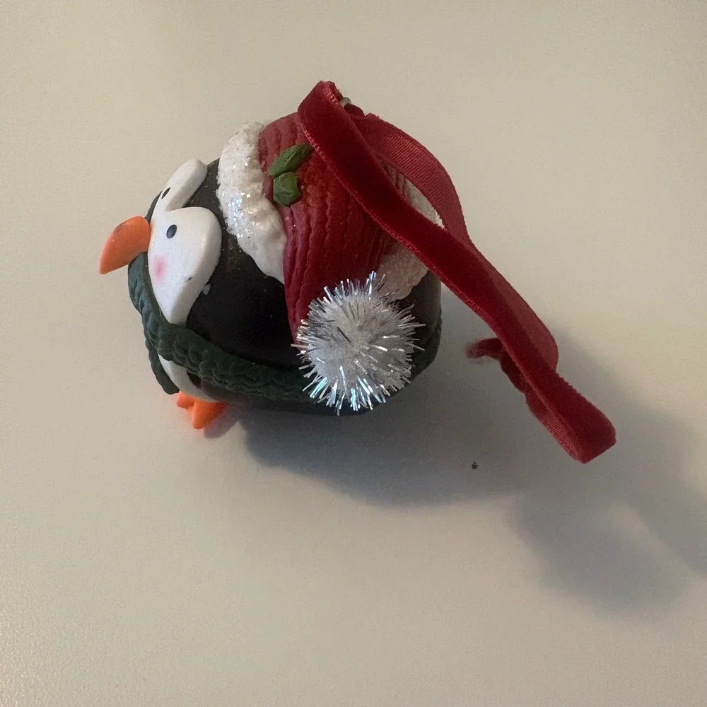 Penguin Jingle Bell Christmas Ornament Santa Hat Green Scarf Red Velvet Ribbon